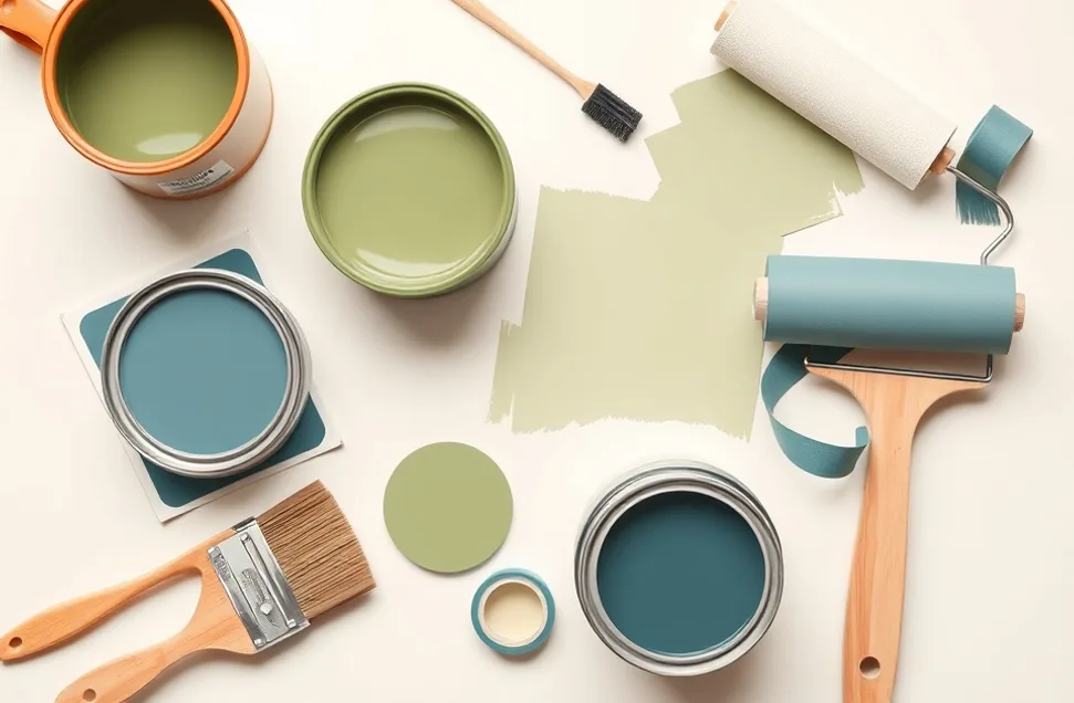 Pots de peinture, nuancier, brosses et rouleaux disposés à plat