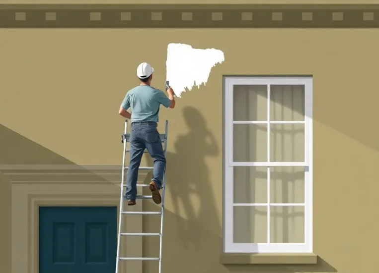 Peintre sur échafaudage traitant la façade d'une maison